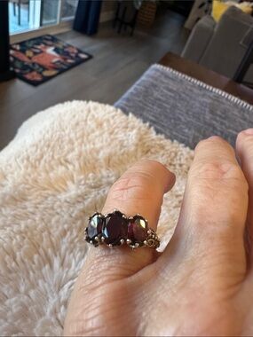 Sterling Silver Garnet Three-Stone Ring - Deep Red